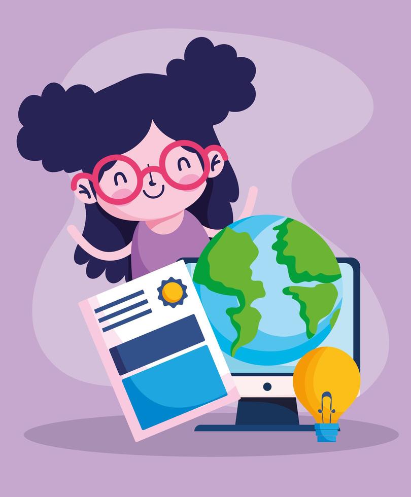 education online, student girl computer world certificate learning vector