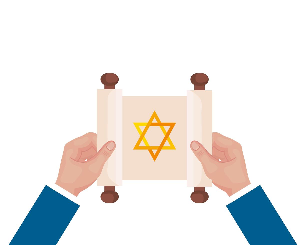 manos levantando estrella dorada judía hanukkah en parche vector
