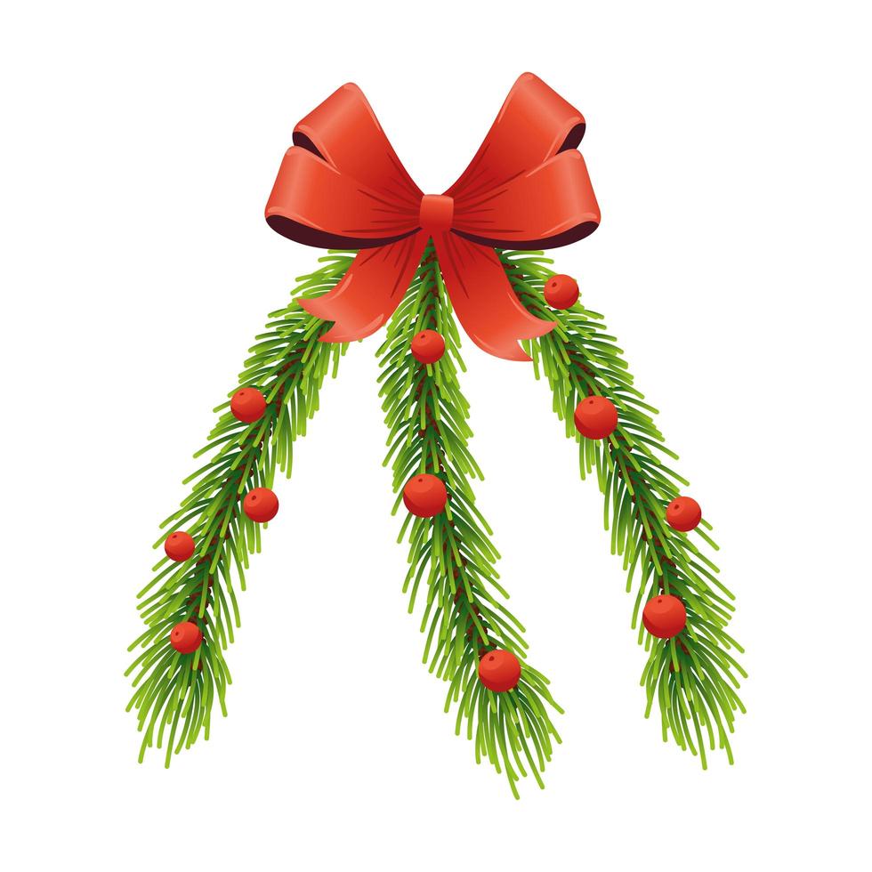 happy merry christmas pine leafs and red ribbon vector