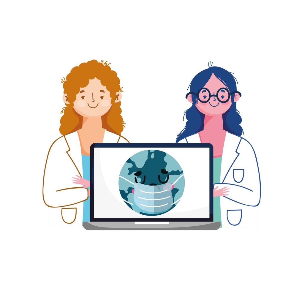 Women doctors laptop and world with mask vector design