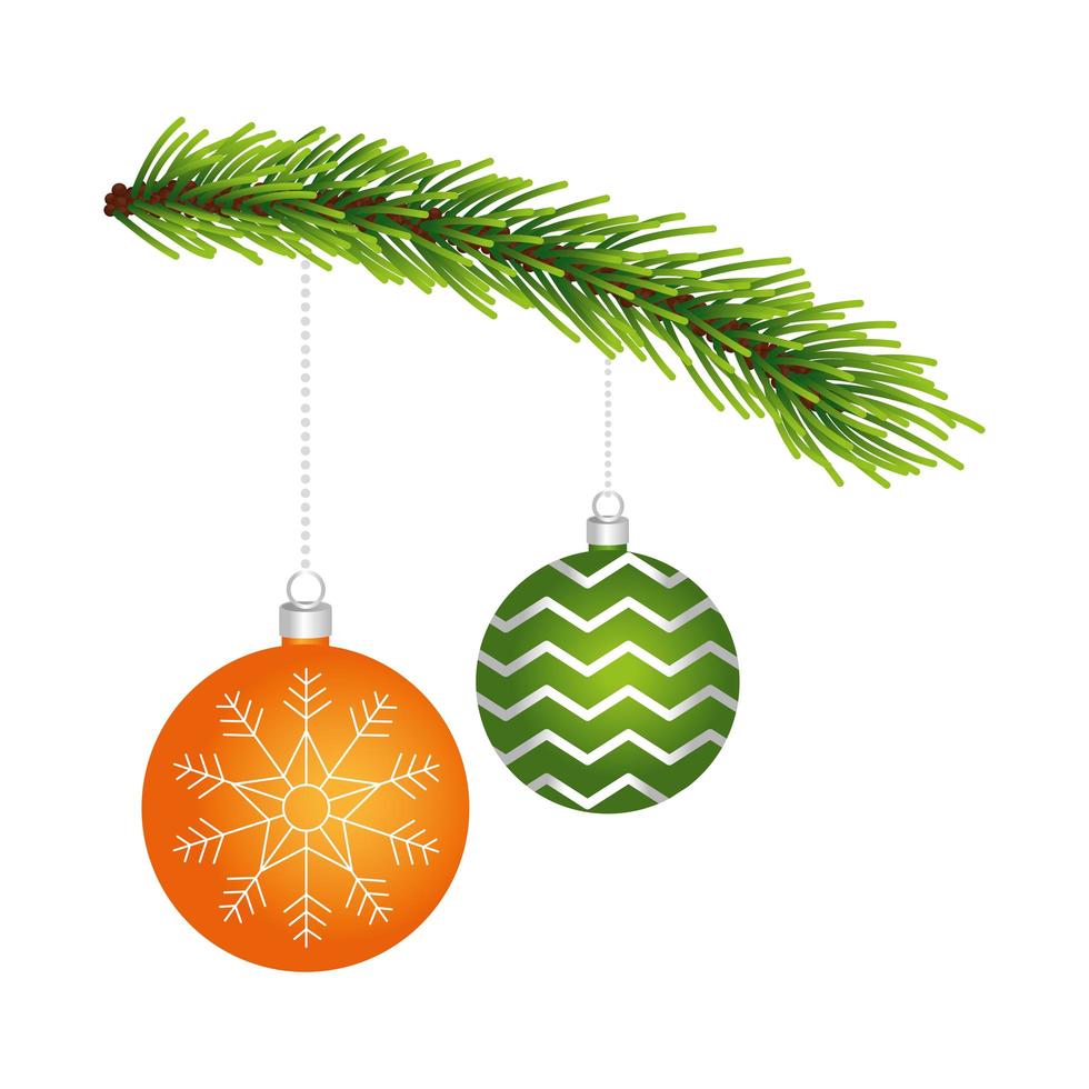 happy merry christmas balls in pine branch vector