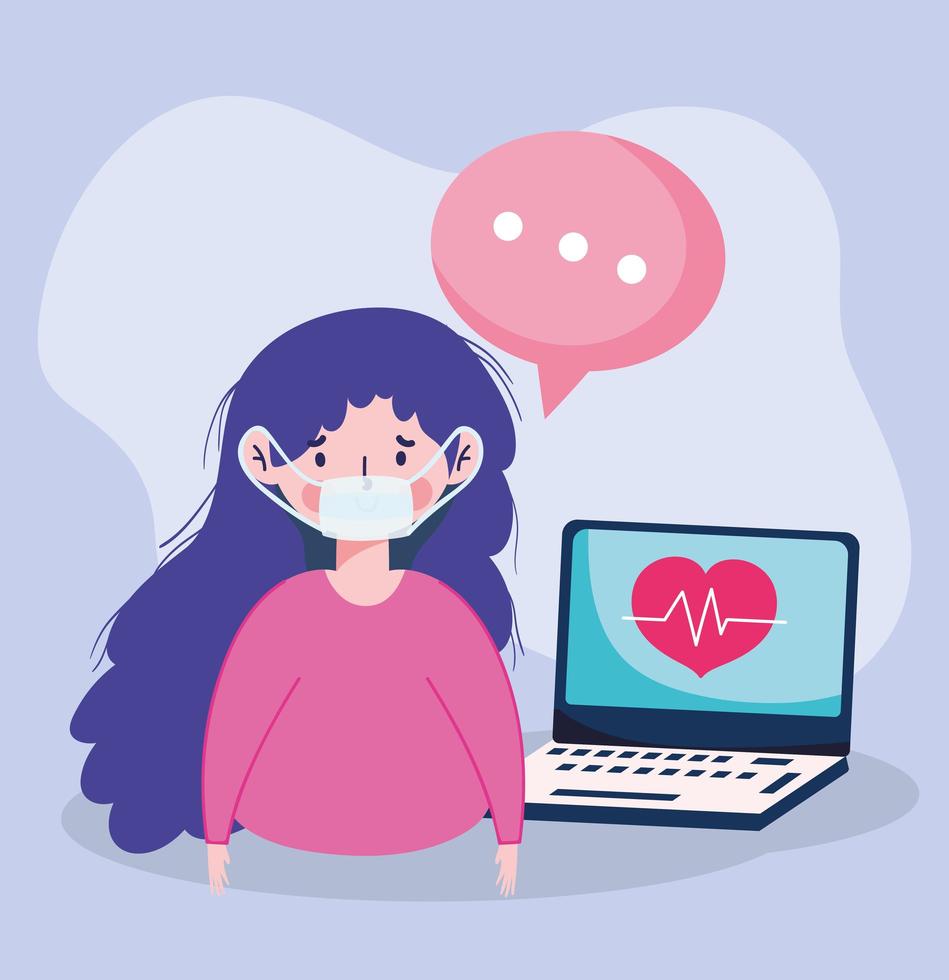 Woman with mask laptop and bubble vector design
