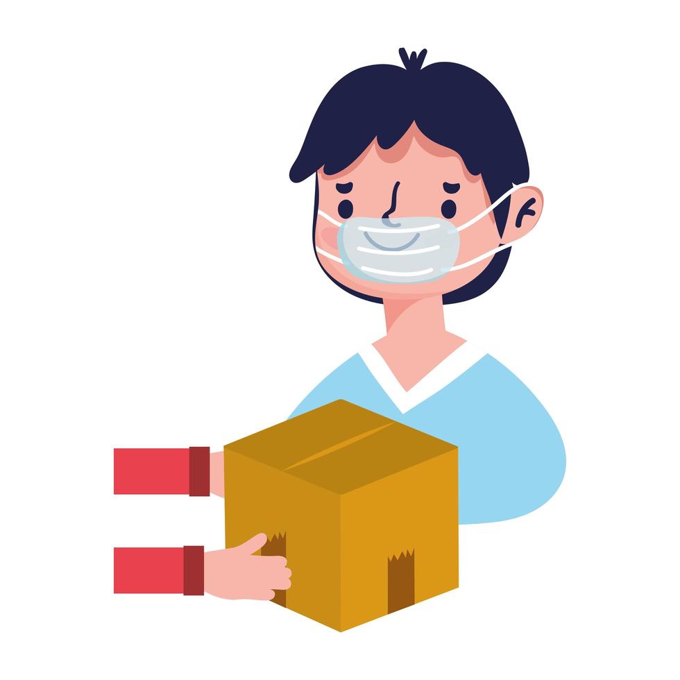 young man receiving cardboard box delivery ecommerce online shopping covid 19 coronavirus vector