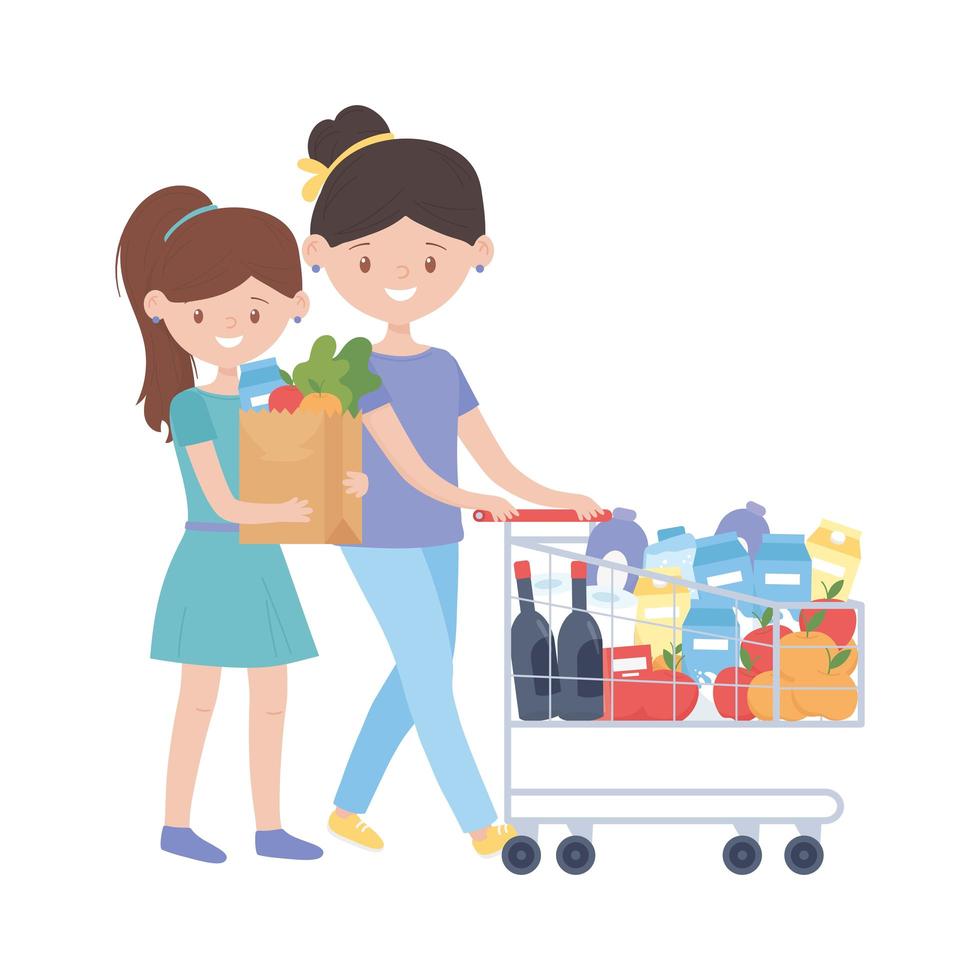 mujeres de compras con carrito y bolsa de diseño vectorial vector