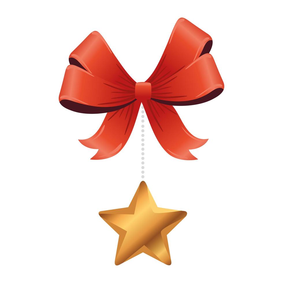 christmas golden star hanging in bow decoration vector