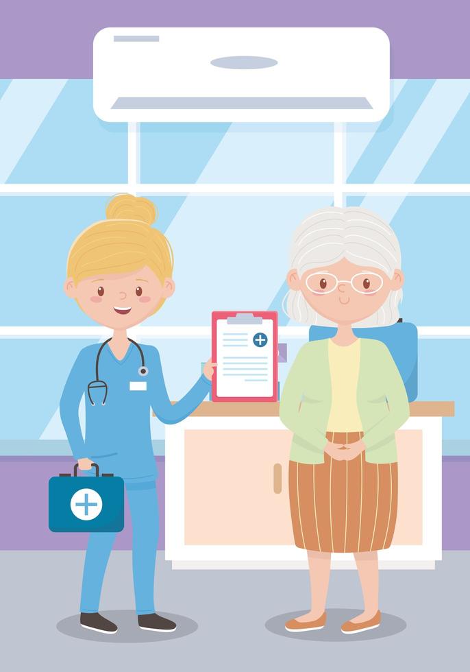 grandma and nurse with kit first aid medical report, doctors and elderly people vector