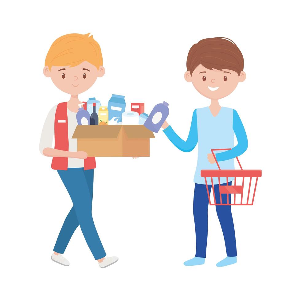 Seller man and boy with products inside box vector design