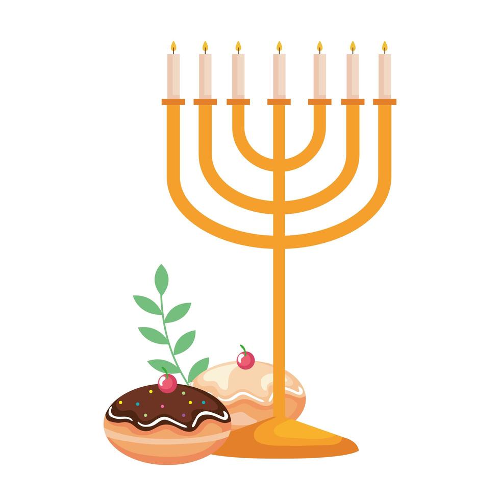 hanukkah chandelier golden and sweet donuts vector