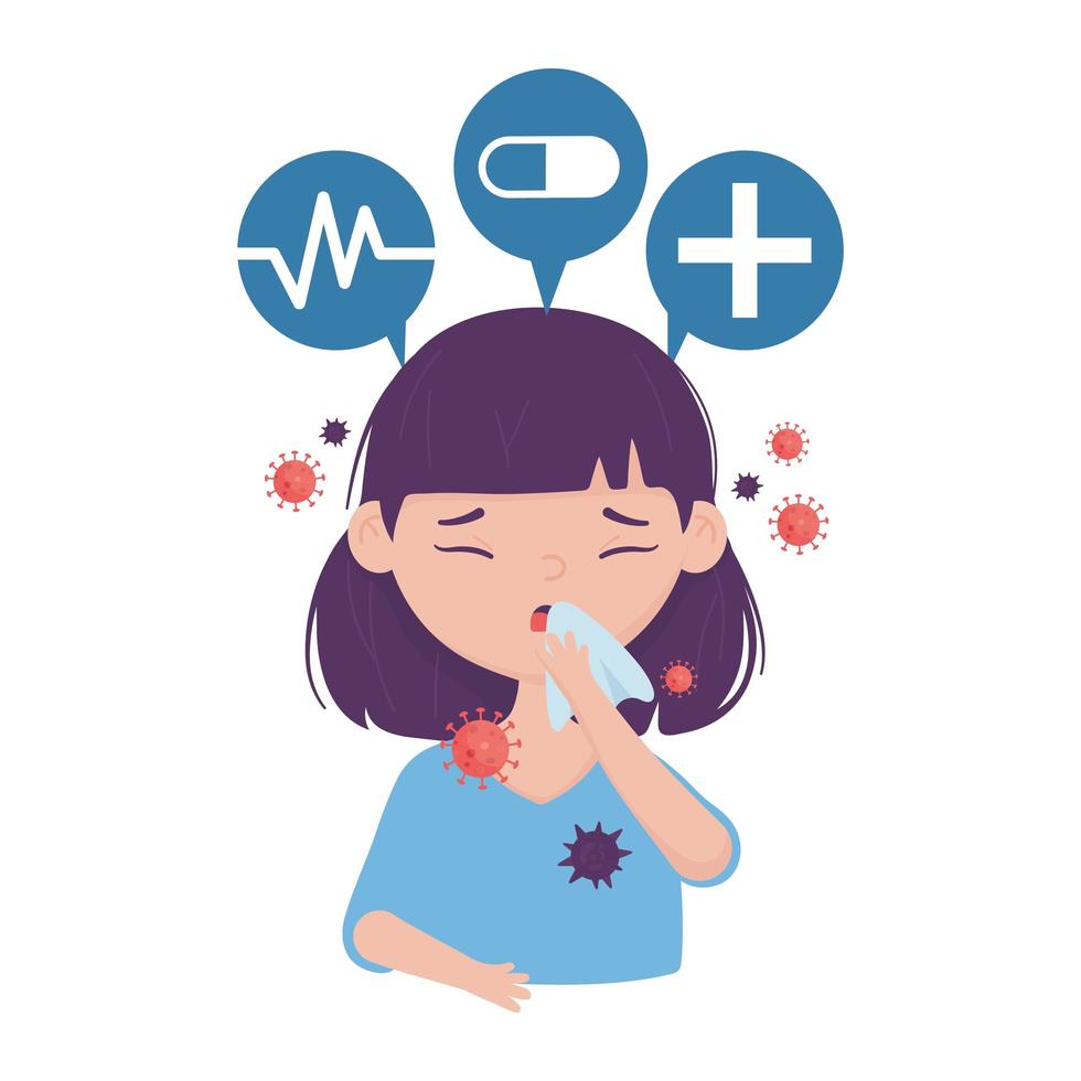 Woman with dry cough and covid 19 virus vector design