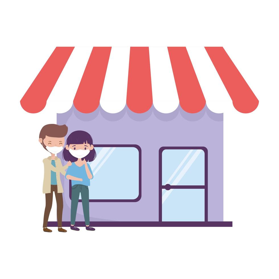 Man and woman with mask in front of store vector design