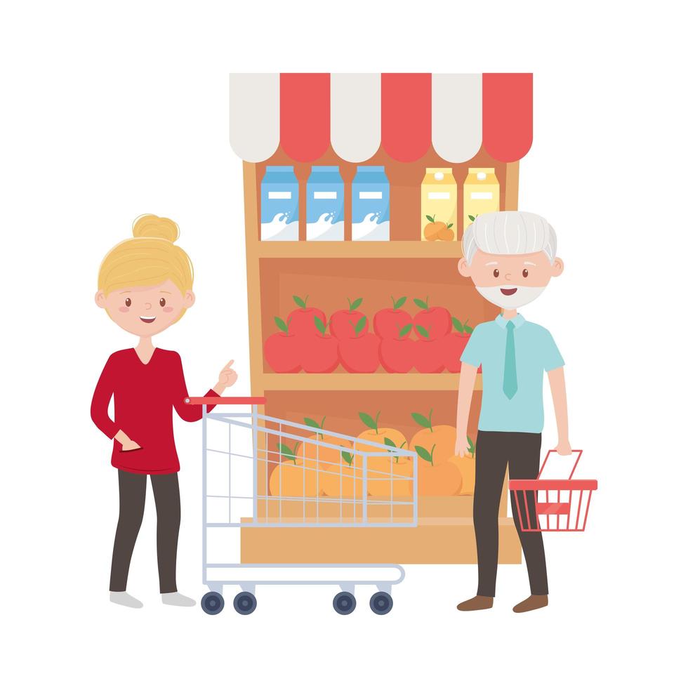 Old man and woman shopping with cart and basket vector design