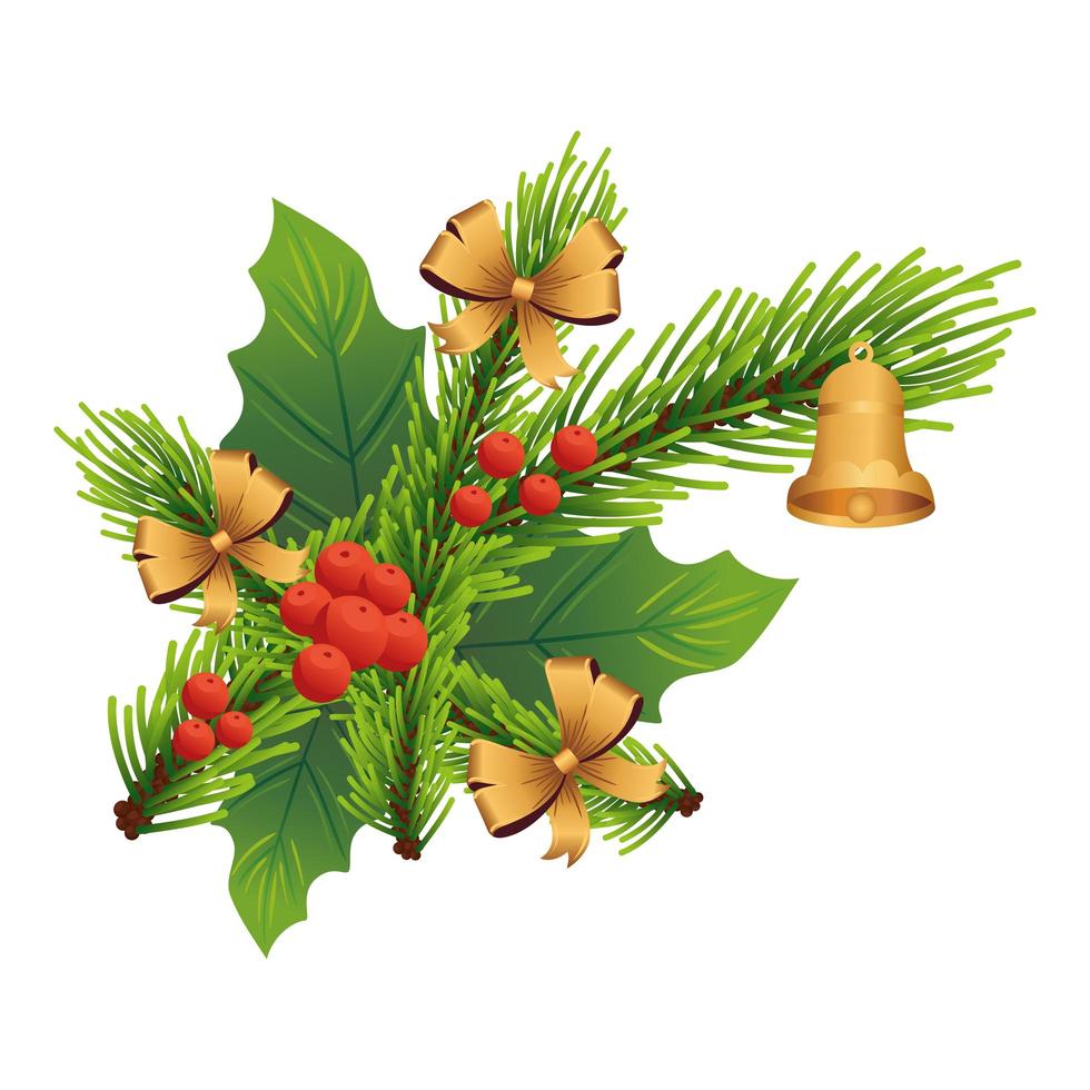 hojas decorativas navideñas con campanas doradas y cintas vector