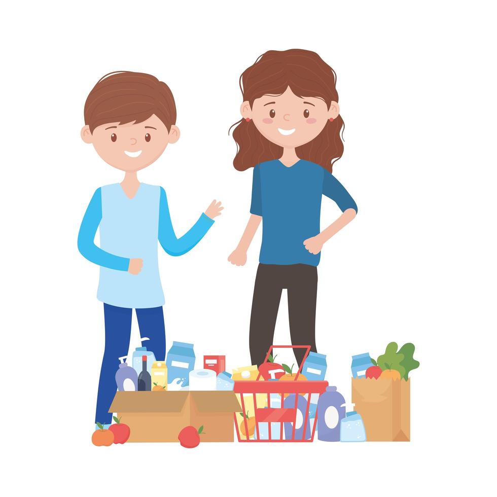 mujer y hombre, compras, con, cesta, caja, bolsa, y, productos, vector, diseño vector