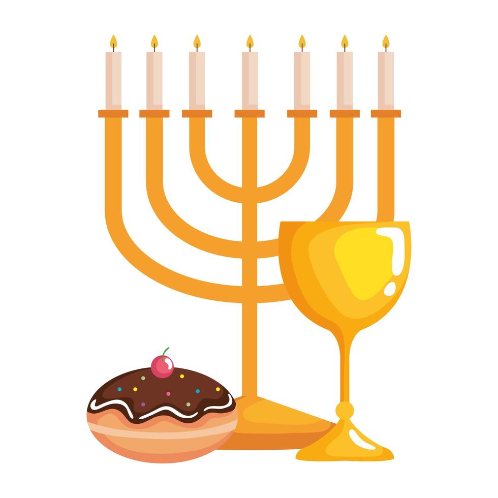 candelabro de hanukkah dorado con cáliz y donut dulce vector