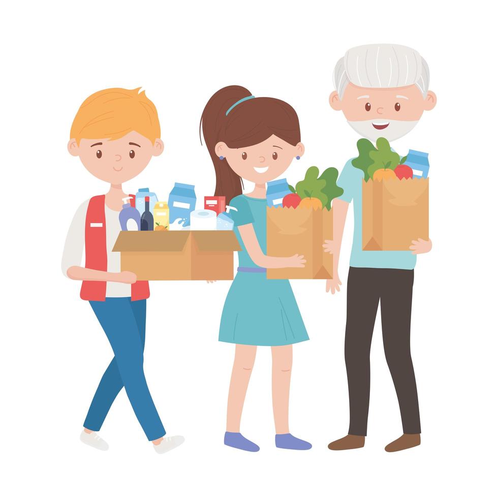 Seller old man and girl with products inside box and bags vector design