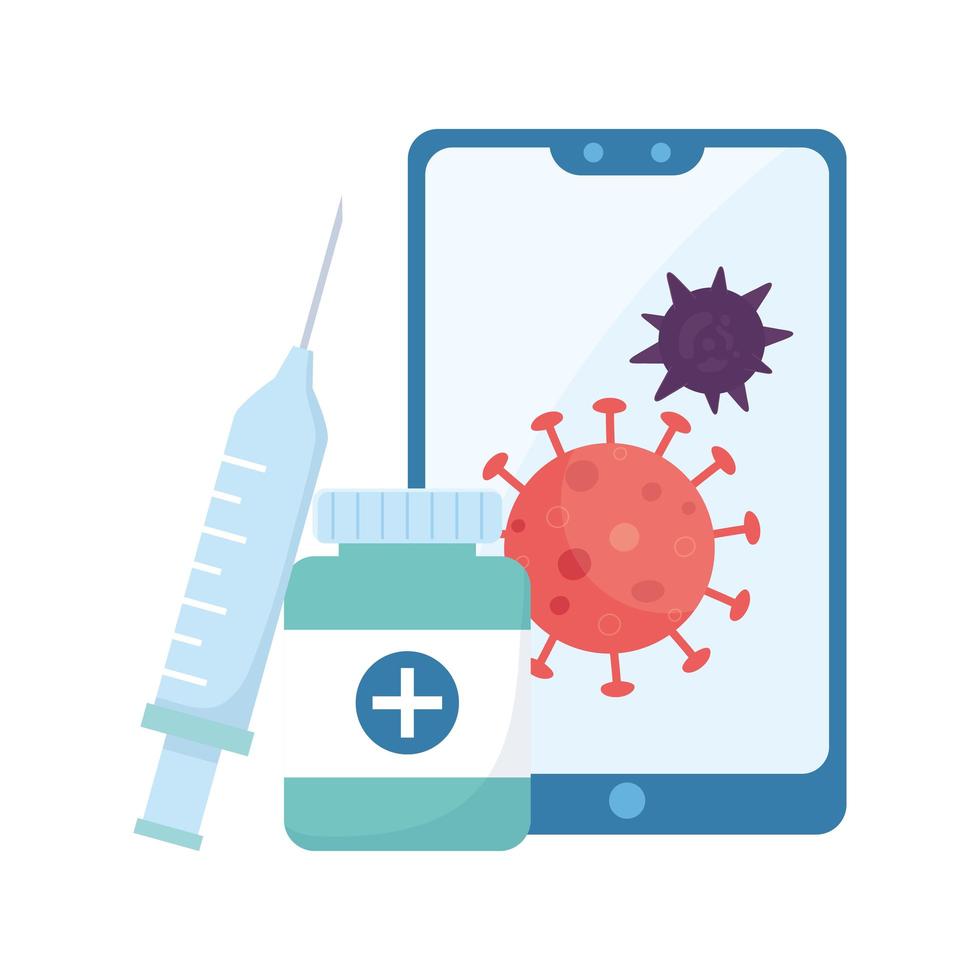 Covid 19 virus smartphone and medicine jar vector design