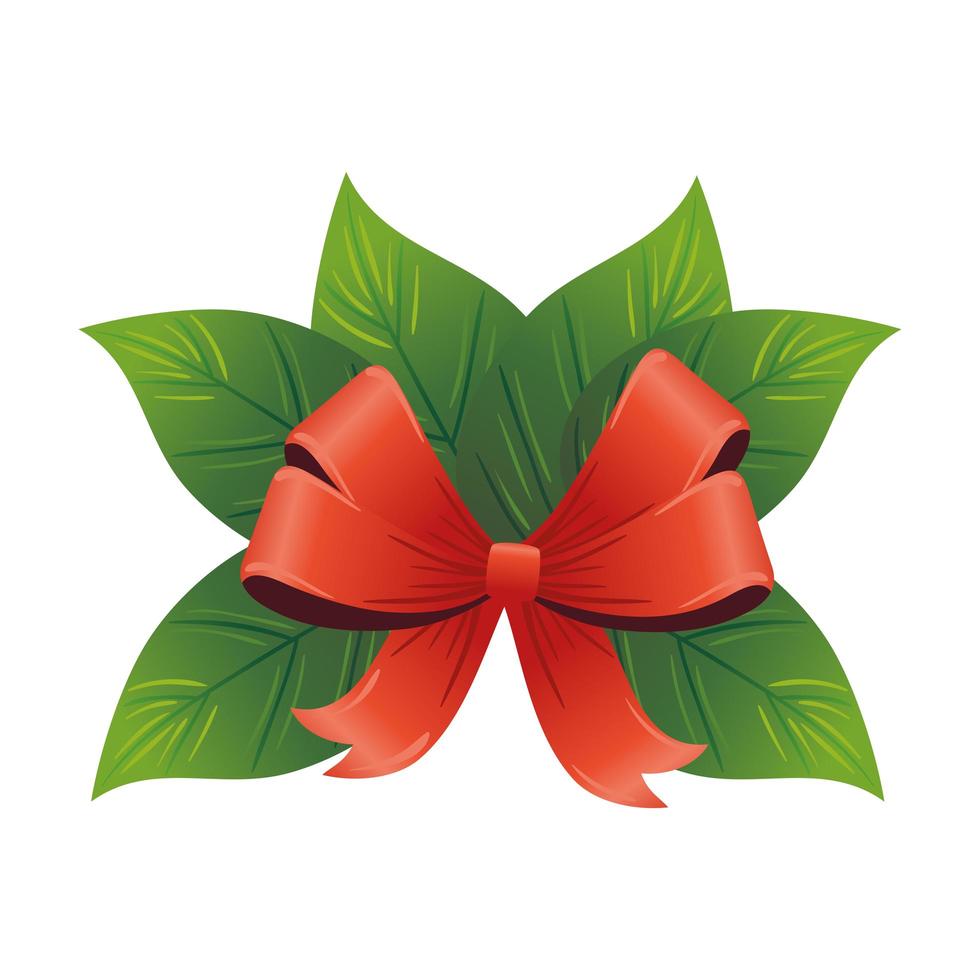 christmas decorative leafs with red bow ribbon vector