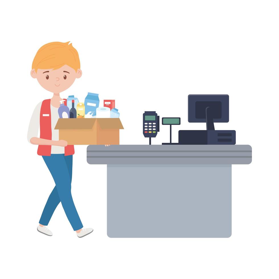 Counter with cash register seller and products vector design