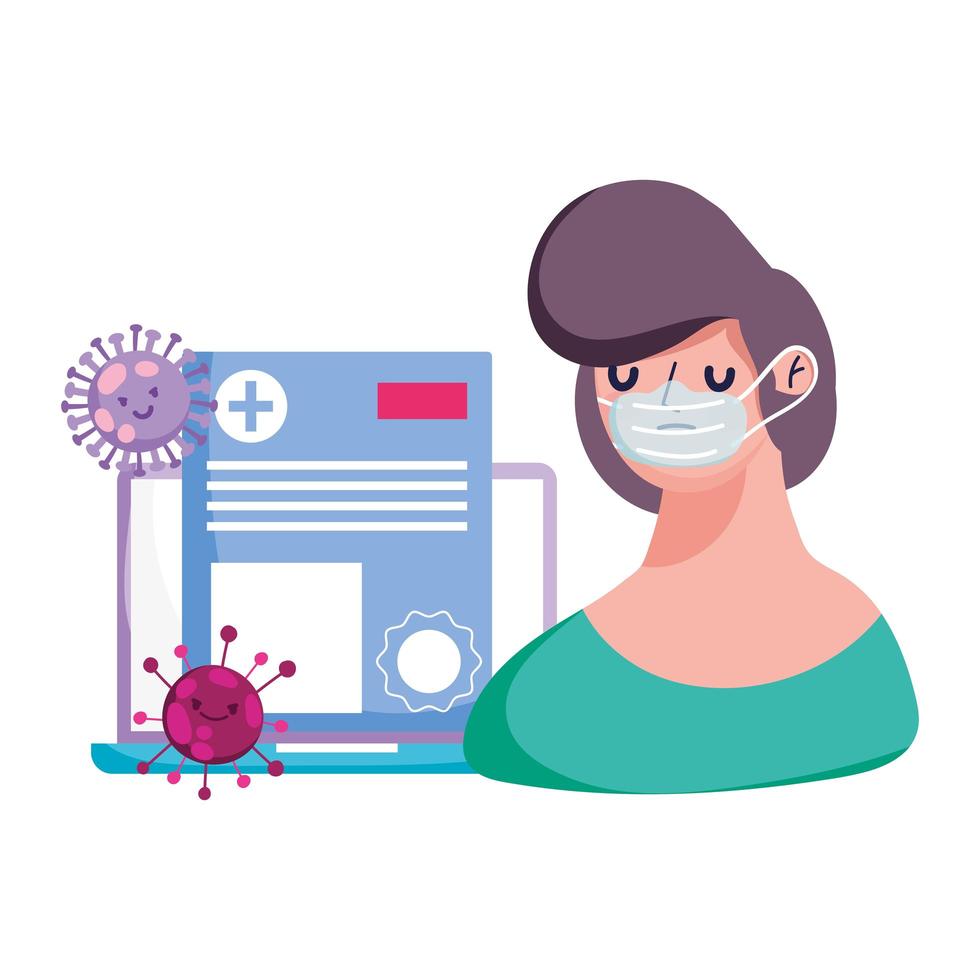 Man with mask laptop and Covid 19 virus vector design