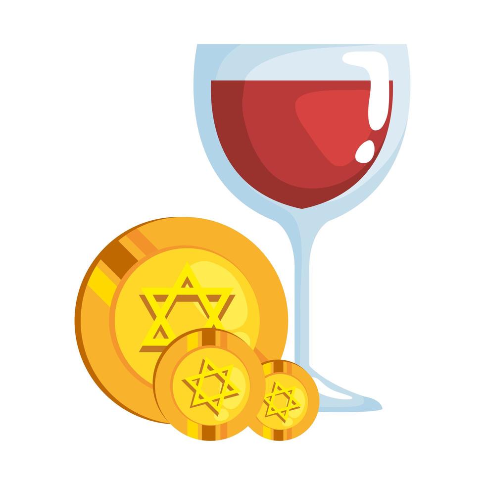 monedas judías con estrella dorada hanukkah con copa de vino vector