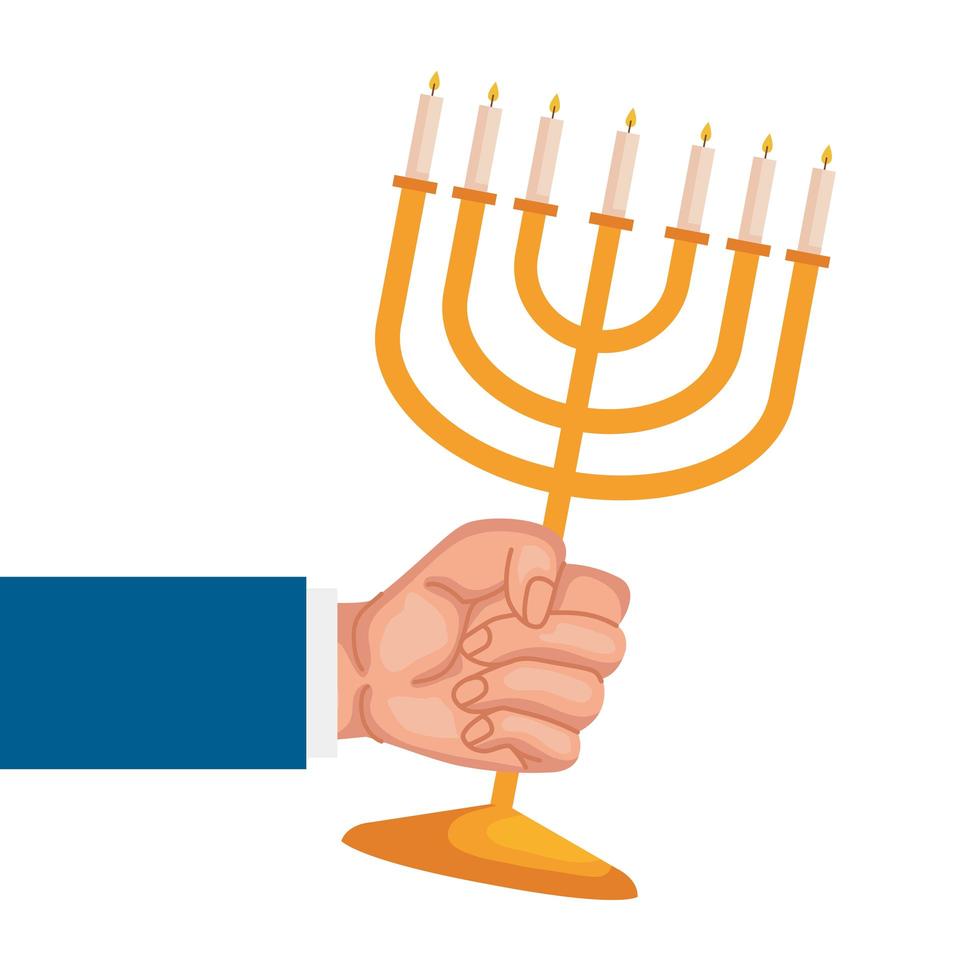 mano levantando el candelabro de hanukkah dorado vector