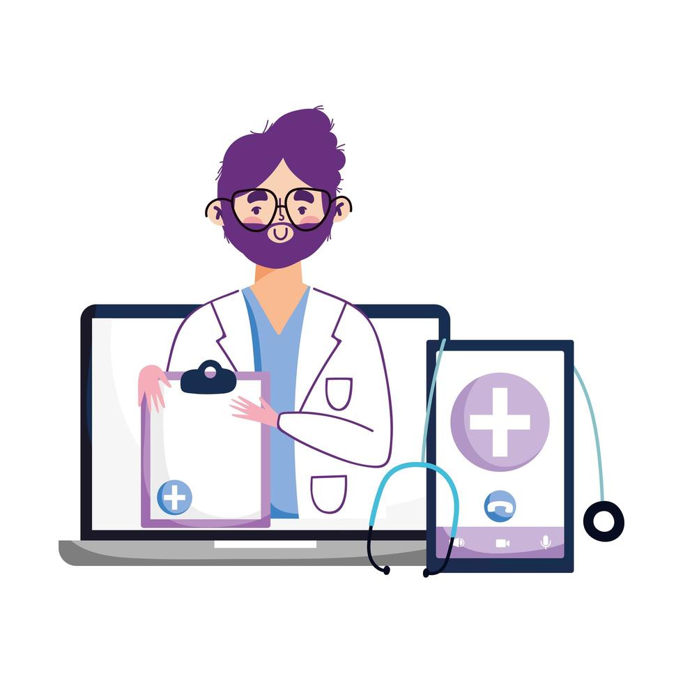 Isolated man doctor smartphone and laptop vector design