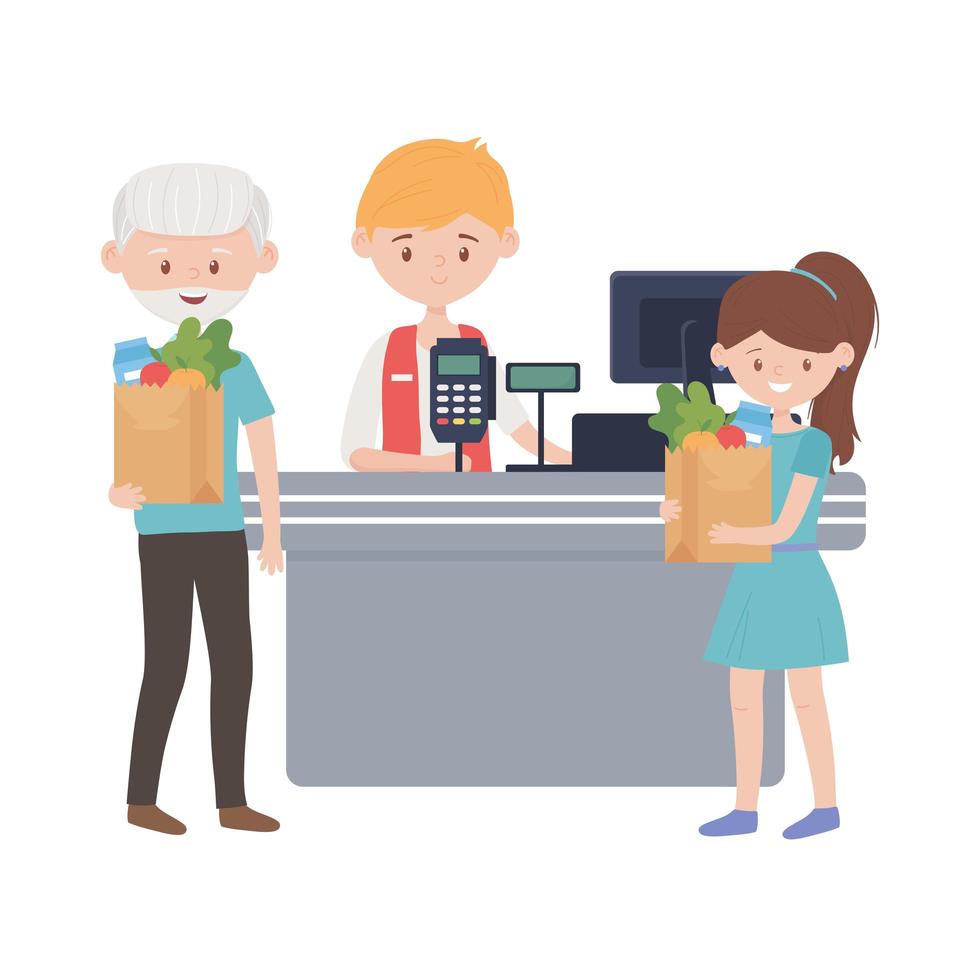 Counter with cash register seller old man and woman vector design