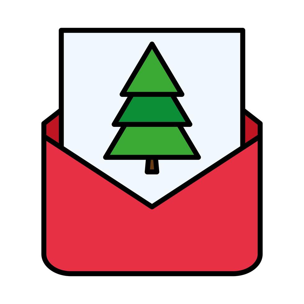 happy merry christmas pine tree in envelope line and fill style icon vector