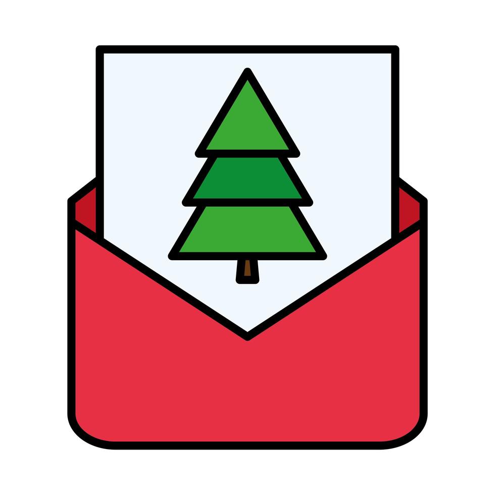 feliz feliz navidad pino en la línea del sobre y el icono de estilo de relleno vector