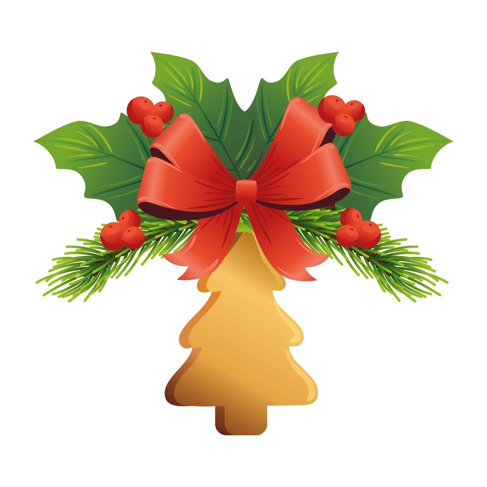 christmas golden pine tree with bow and leafs vector