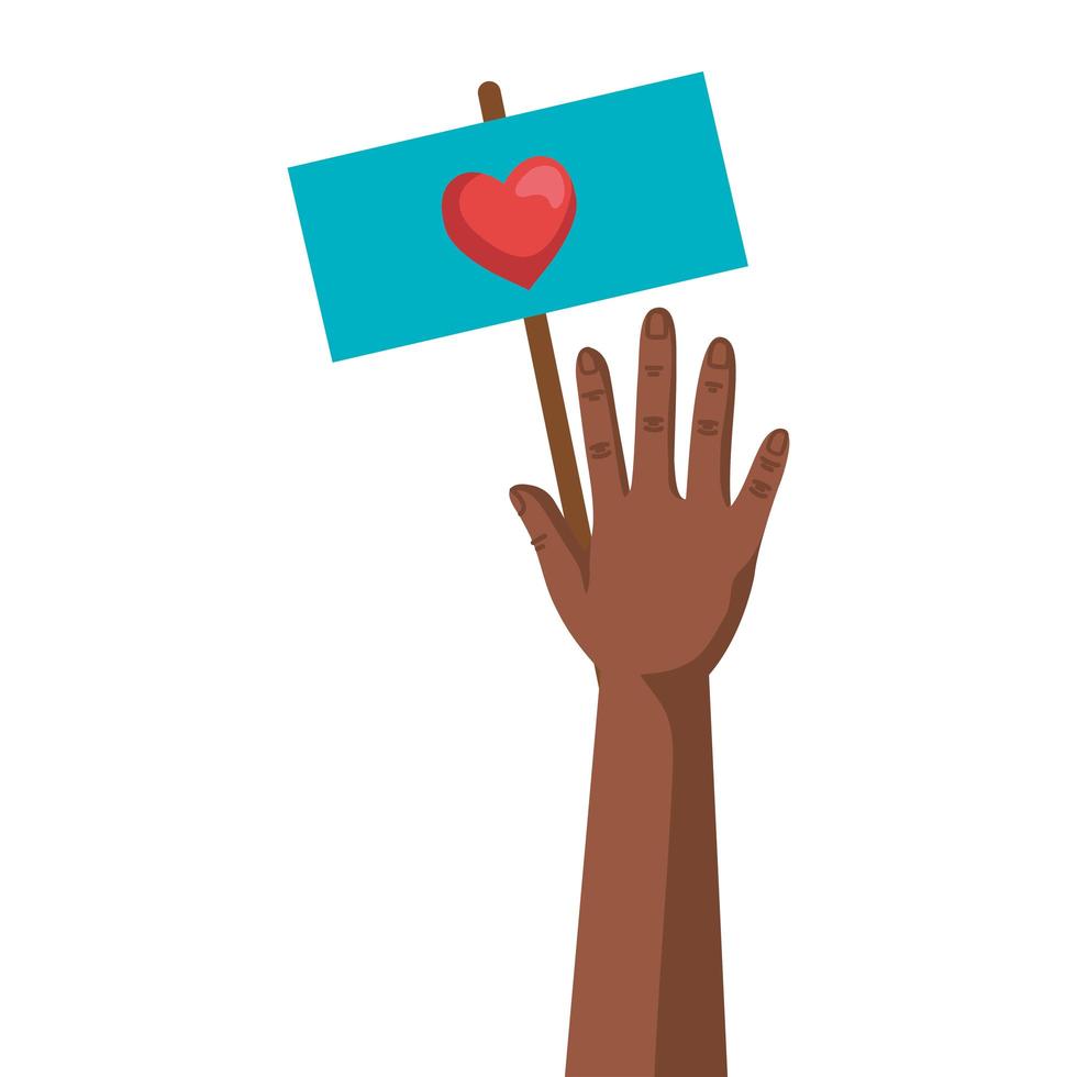 Afro mano humana protestando con corazón en banner vector