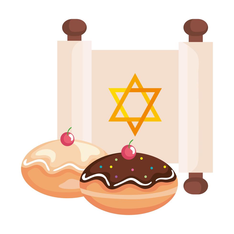 jewish golden star hanukkah in patchment and sweet donuts vector