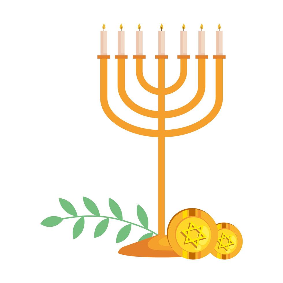 candelabro de hanukkah y monedas de oro vector