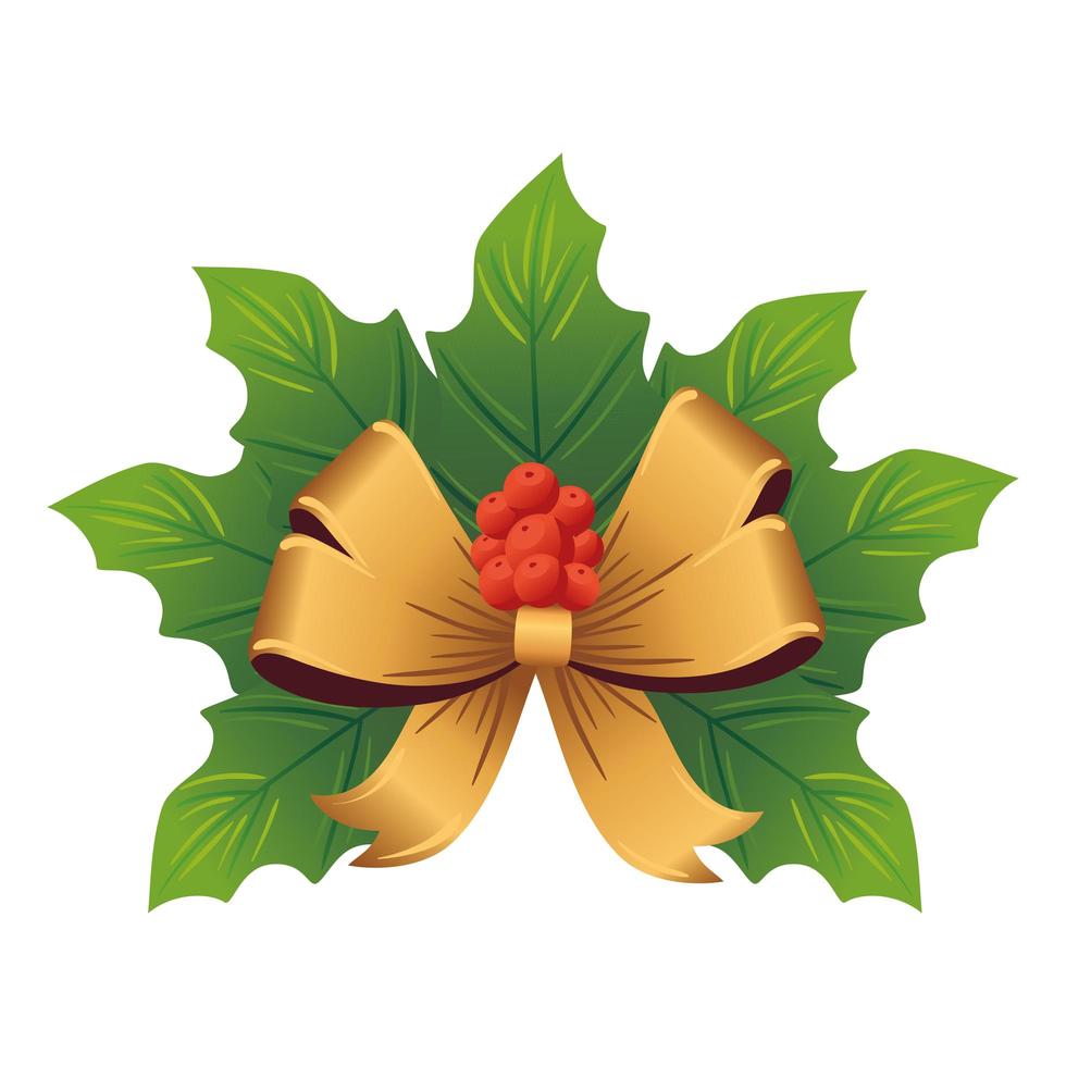 christmas golden bow with leafs decorative vector