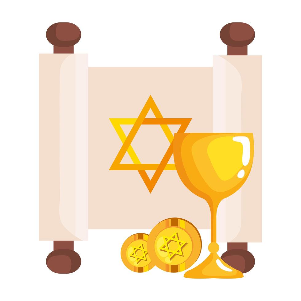 Hanukkah estrella dorada judía en parche con cáliz y monedas vector