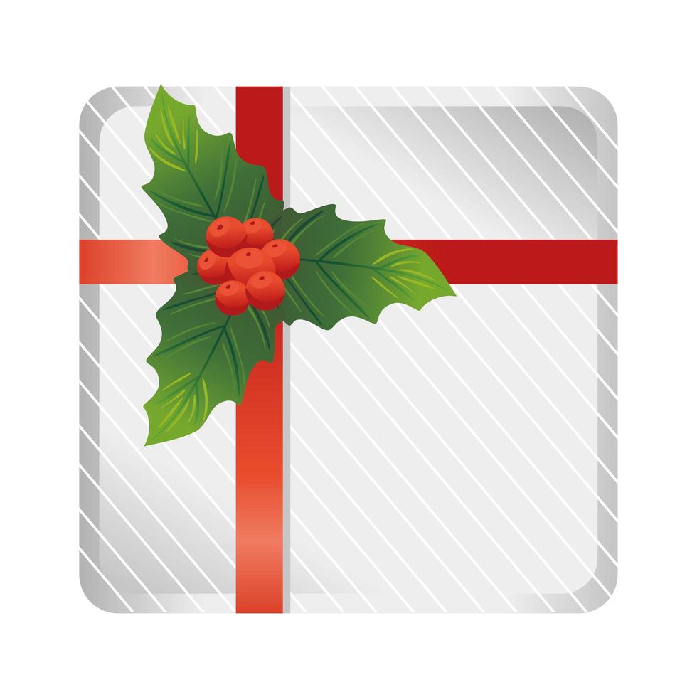 caja de regalo de feliz navidad con decoración floral y cinta roja vector