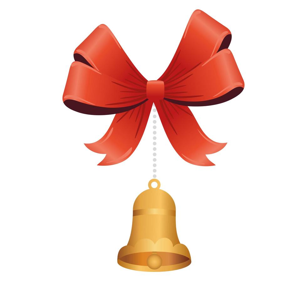 golden christmas bell with bow ribbon hanging vector