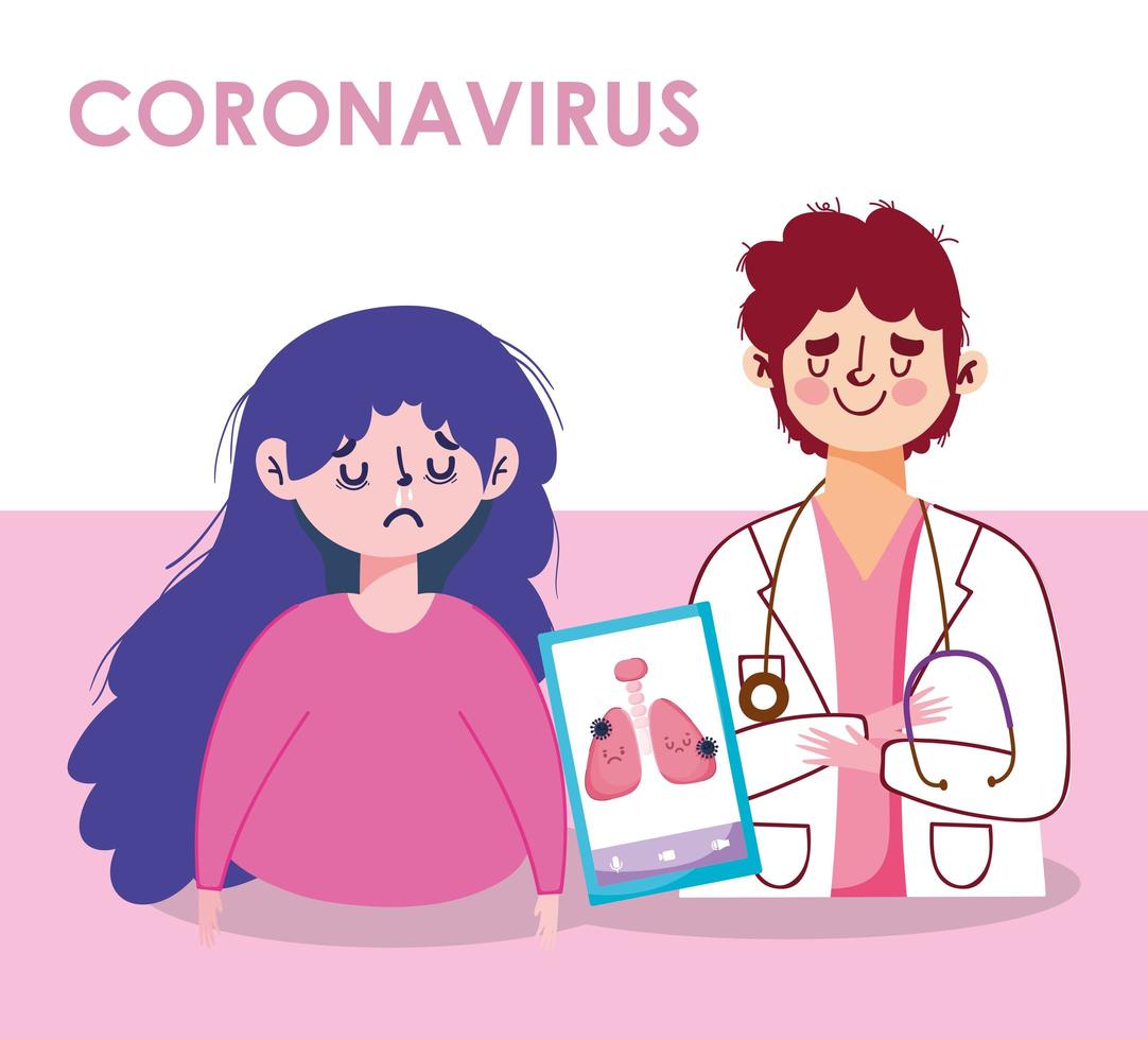 Coronavirus woman man doctor lungs and smartphone vector design