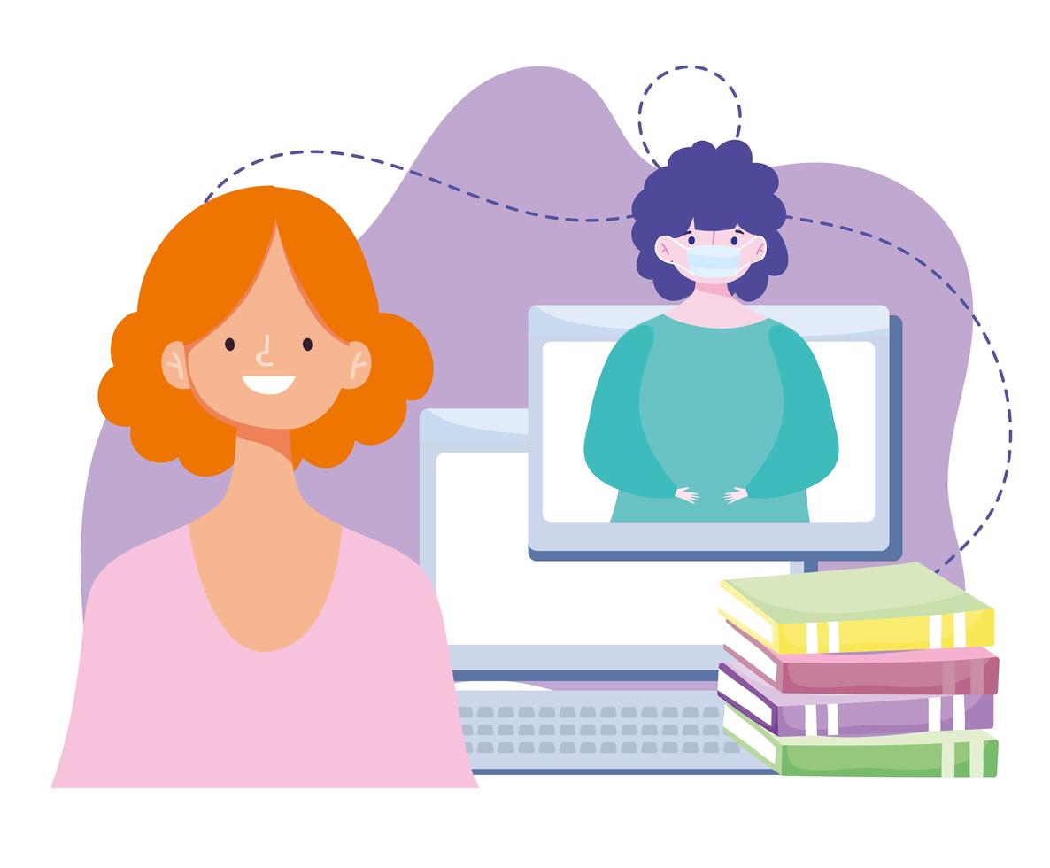 online training, teacher and student computer books lesson, courses knowledge development using internet vector