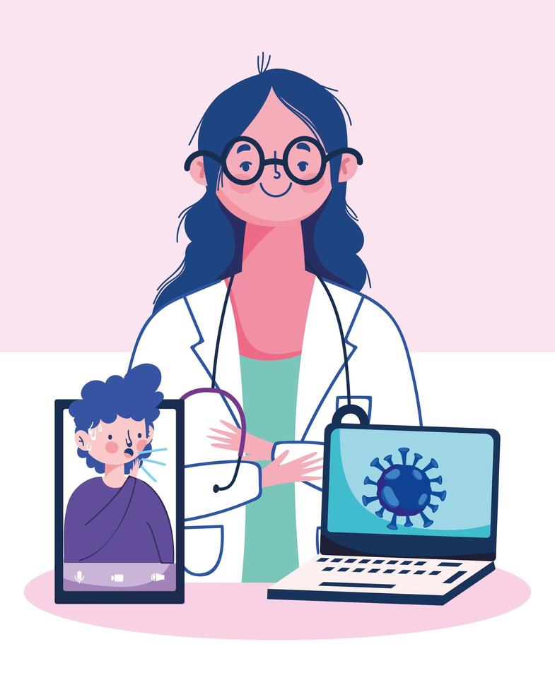 Woman doctor with smartphone laptop and man with dry cough vector design