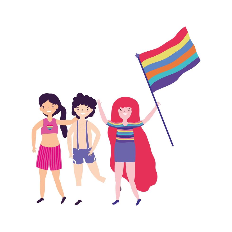 desfile del orgullo comunidad lgbt, hombres y mujeres con bandera arcoiris vector