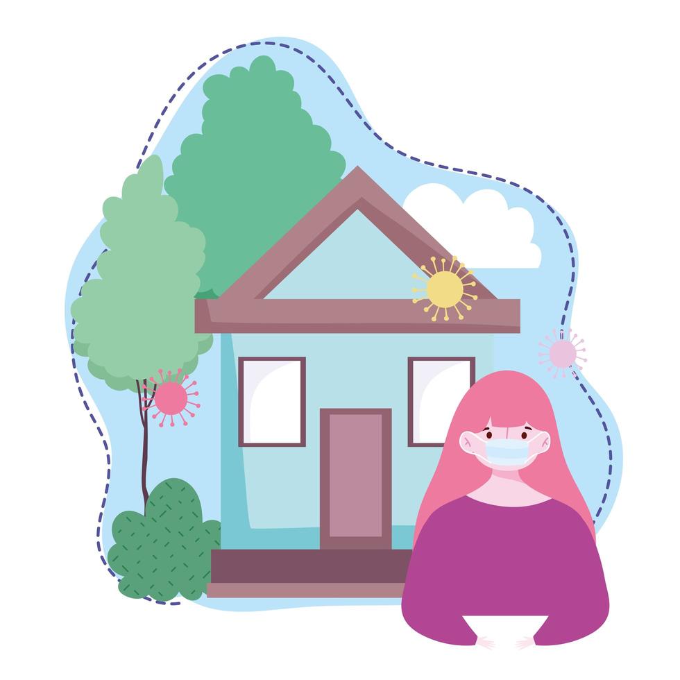 young girl with protective mask house stay at home coronavirus covid 19 vector