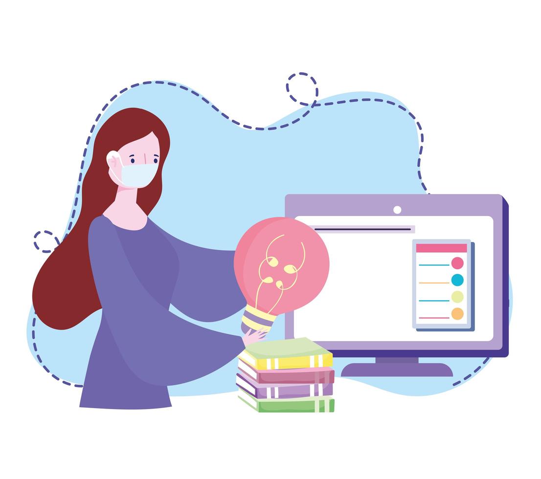 online training, woman with mask bulb computer and books, courses knowledge development using internet vector