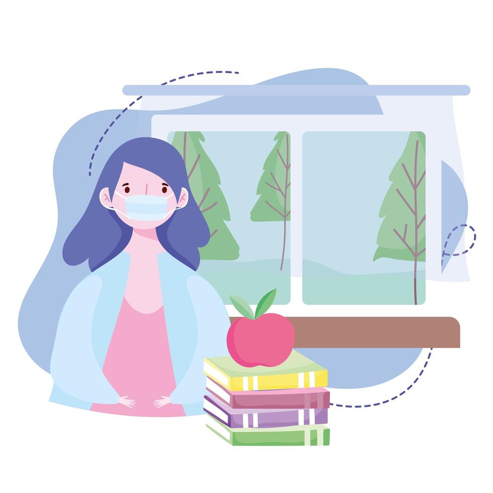 online training, teacher in home with books and apple, courses knowledge development using internet vector