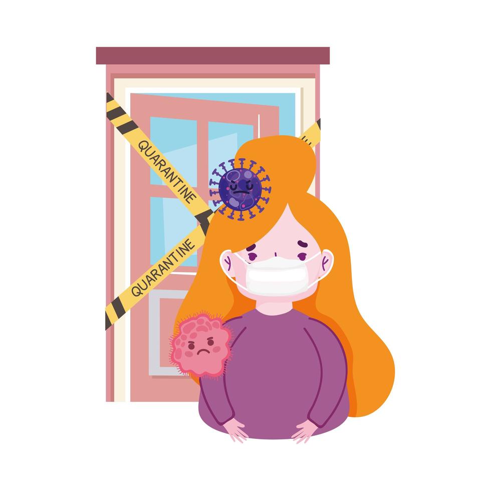 covid 19 coronavirus pandemic, girl with prevent mask sick in quarantine vector