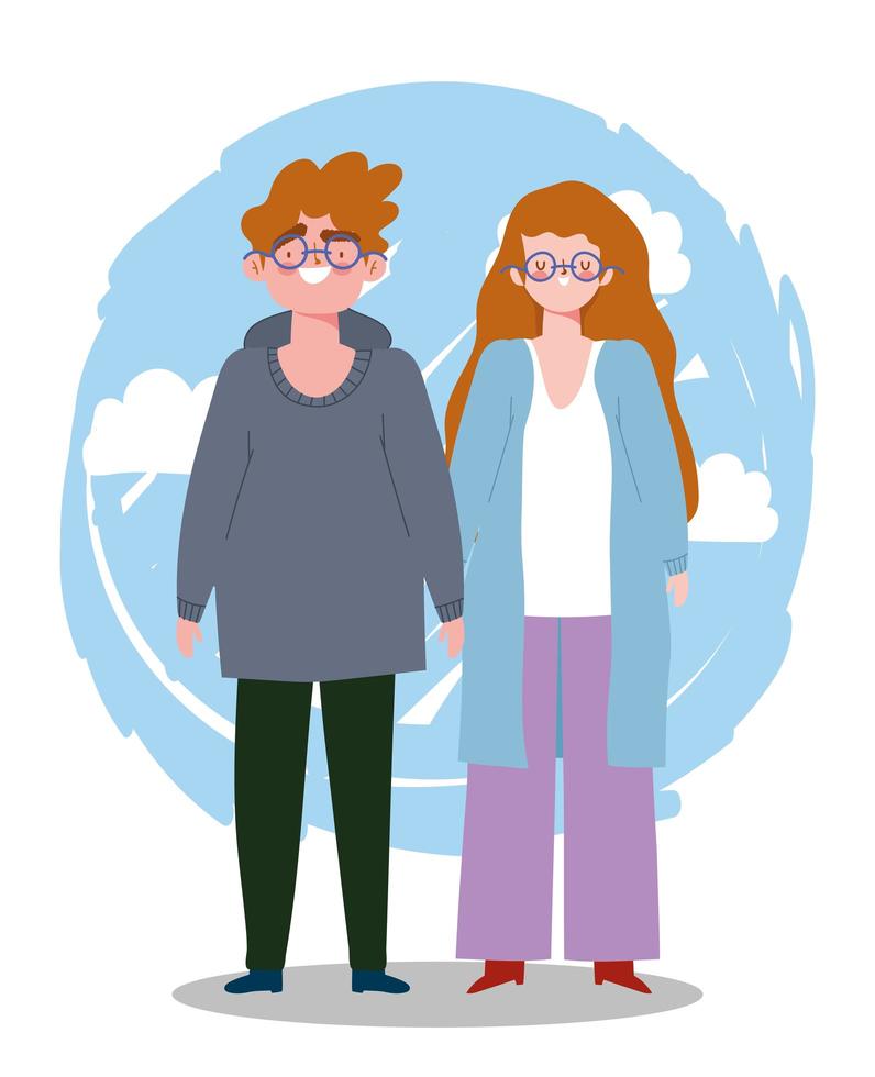 young man and woman with eyeglasses together characters cartoon vector