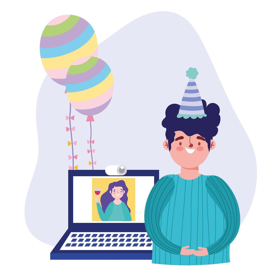 Fiesta en línea, cumpleaños o reunión de amigos, celebrando al hombre con una mujer portátil conectada vector