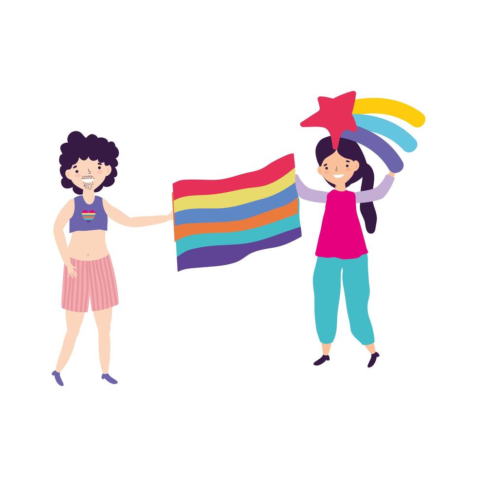 pride parade lgbt community, young couple with rainbow and flag vector