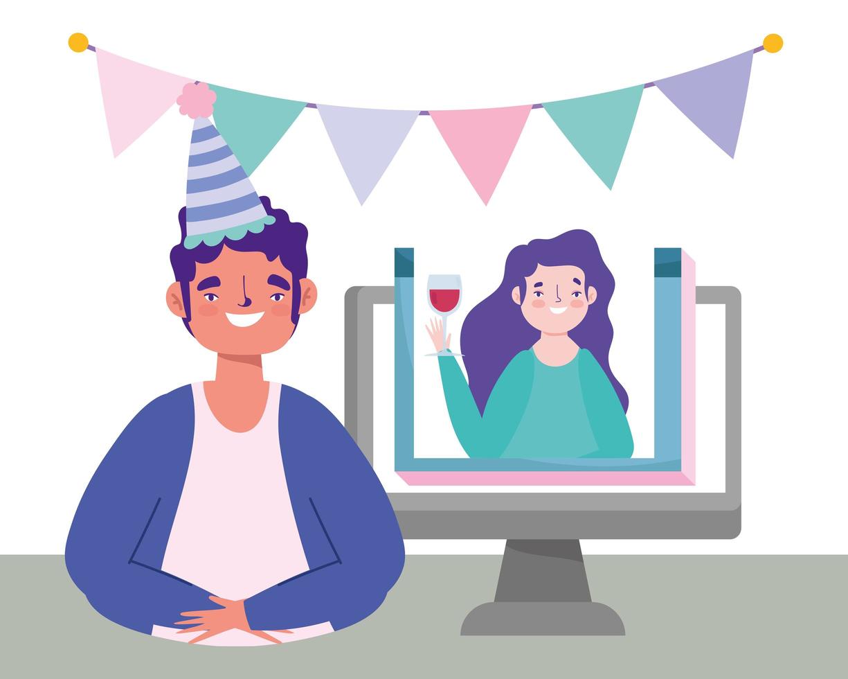 online party, birthday or meeting friends, man and woman talking video computer celebration vector