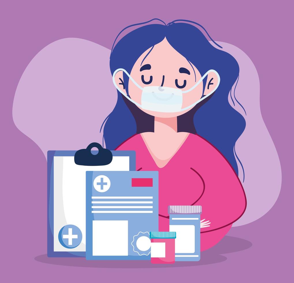 Woman with mask document and medicine jars vector design